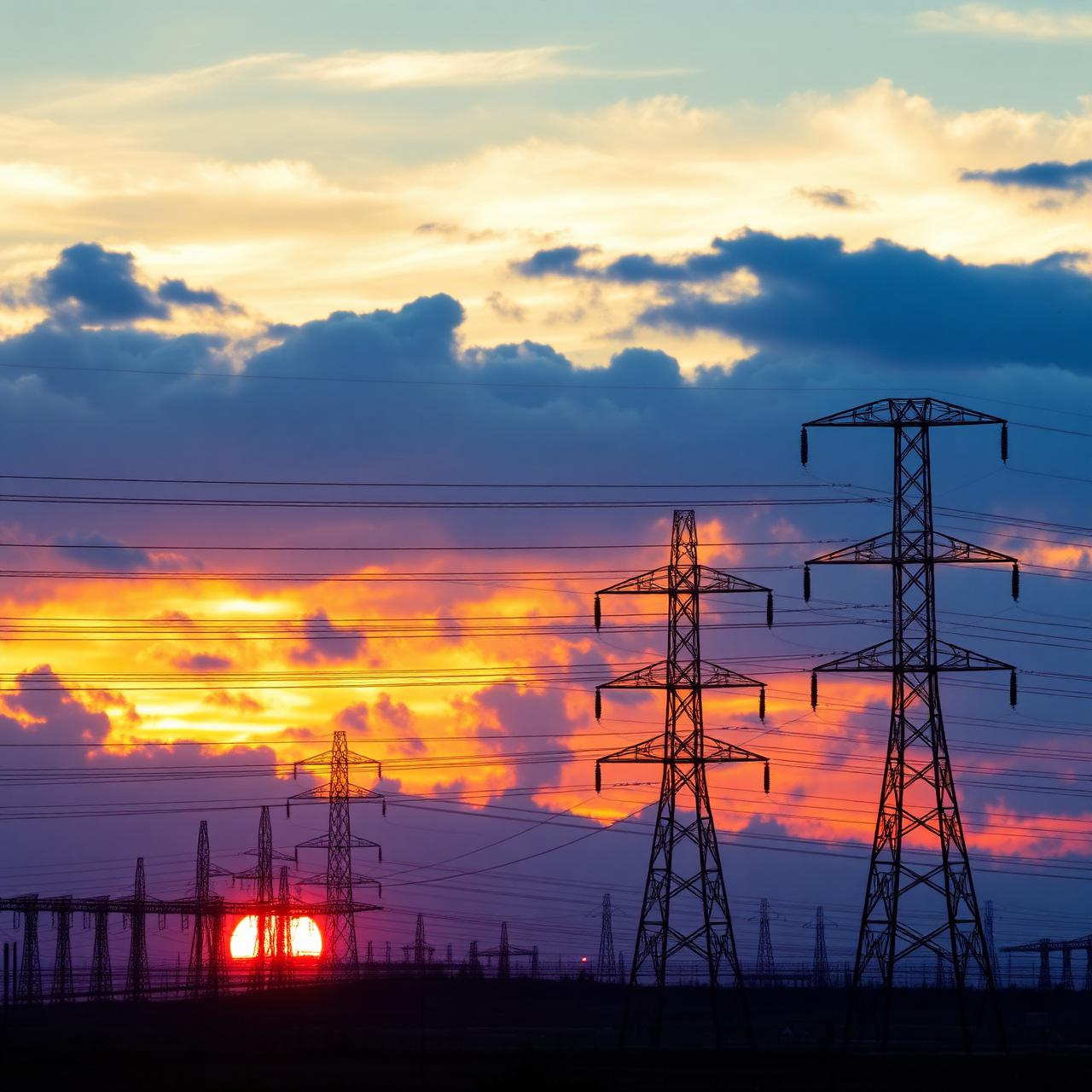 High voltage transmission infrastructure at sunset